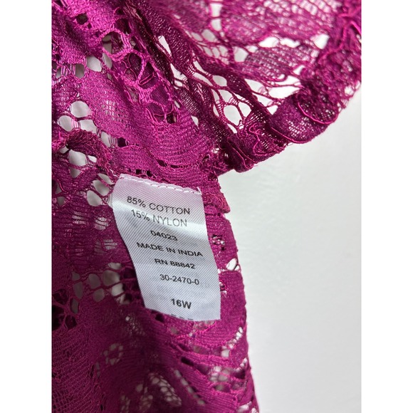 Roamans Magenta Pink Lace V-Neck High Low Tunic Top Plus Size 16W Baggy Loose - Picture 10 of 10